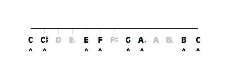 Arabic musical scale showing the seven intervals and eight notes.