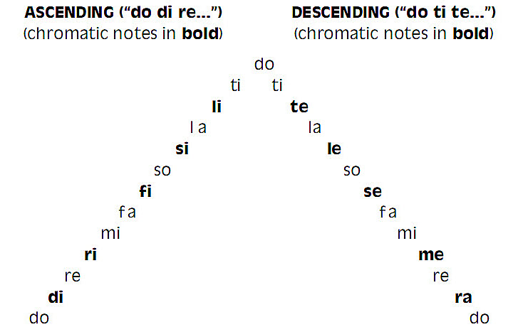 The ascending and descending notes of chromatic musical solmization.