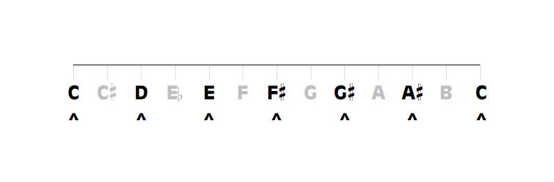 Indian or whole tone musical scale showing equal intervals and seven notes.