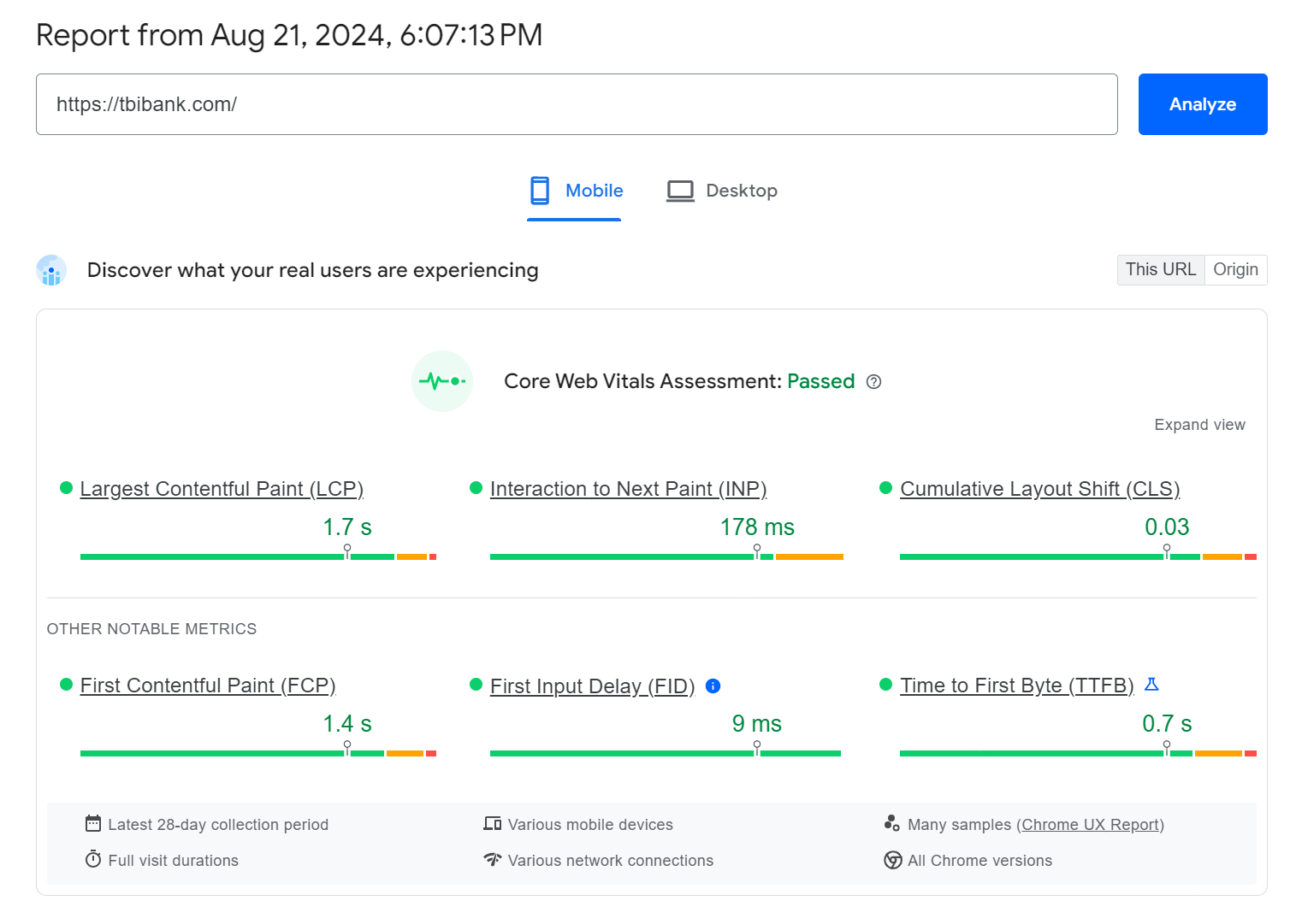 PageSpeed Insights field report for tbibank.com (mobile, 21 August 2024): Core Web Vitals assessment Passed, with LCP 1.7 s, INP 178 ms, CLS 0.03, FCP 1.4 s, TTFB 0.7 s.